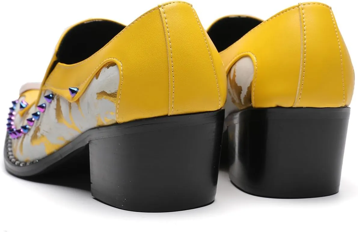 Santimon Men's Dress Casual Penny Loafers - Genuine Leather Slip On Mocasines Western Shoes with Metal-Tip Toe & Rainbow Beads for Wedding, Prom Ballroom & Party