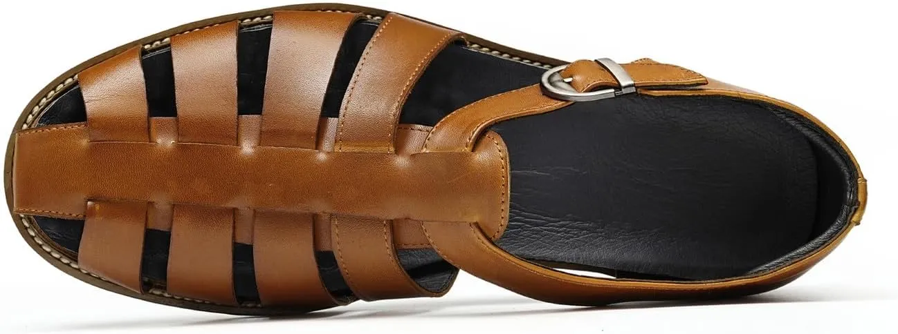 Santimon Mens Genuine Leather Sandals | Braided Cowhide Closed-Toe Dress Shoes | Retro Casual & Business Clogs for Men