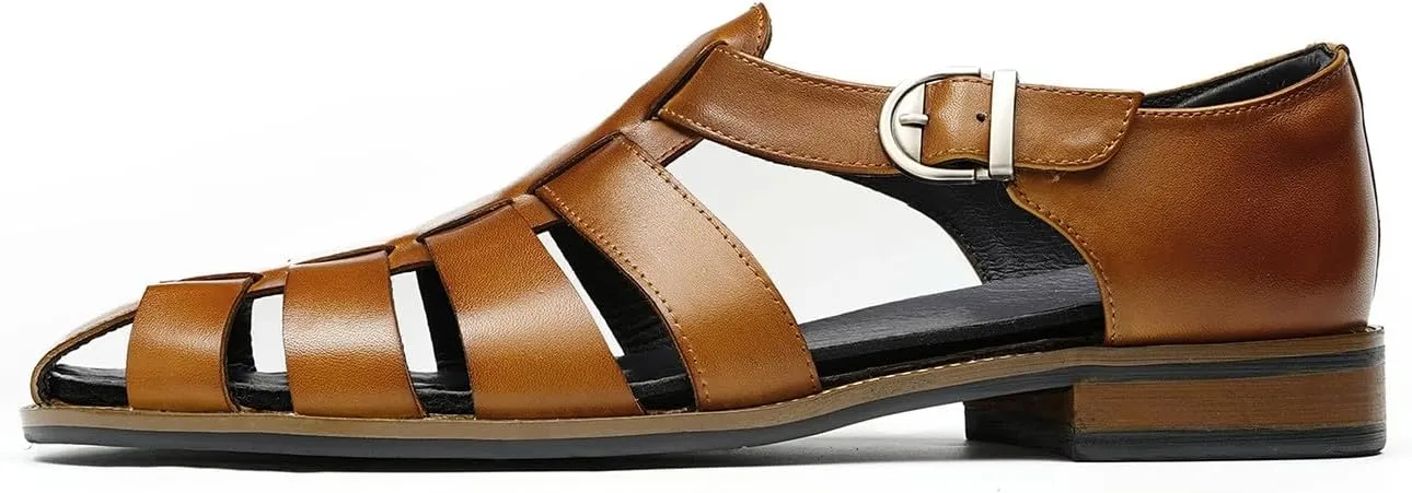 Santimon Mens Genuine Leather Sandals | Braided Cowhide Closed-Toe Dress Shoes | Retro Casual & Business Clogs for Men