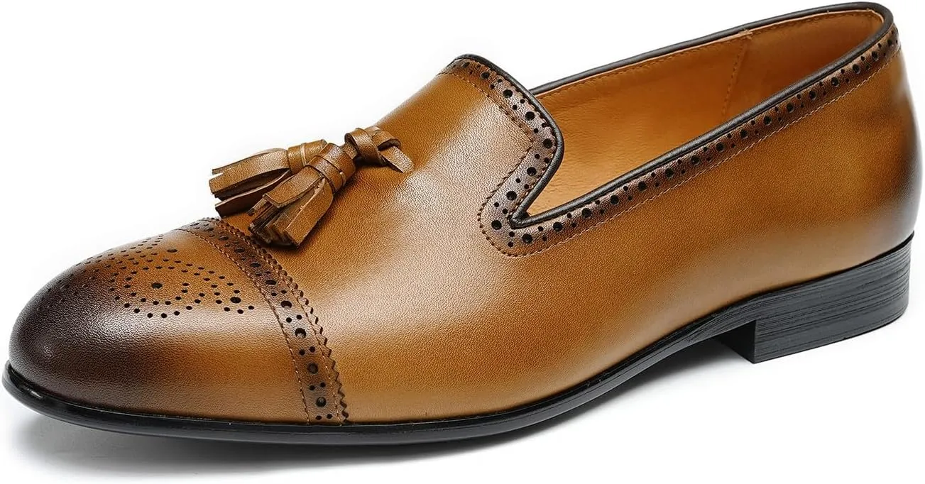 Santimon Men's Genuine Leather Tassel Loafers Slip-On Dress Shoes | Lightweight Penny Loafers for Wedding, Business, Prom & Tuxedo Events