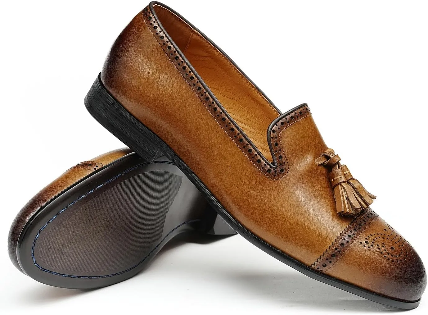 Santimon Men's Genuine Leather Tassel Loafers Slip-On Dress Shoes | Lightweight Penny Loafers for Wedding, Business, Prom & Tuxedo Events