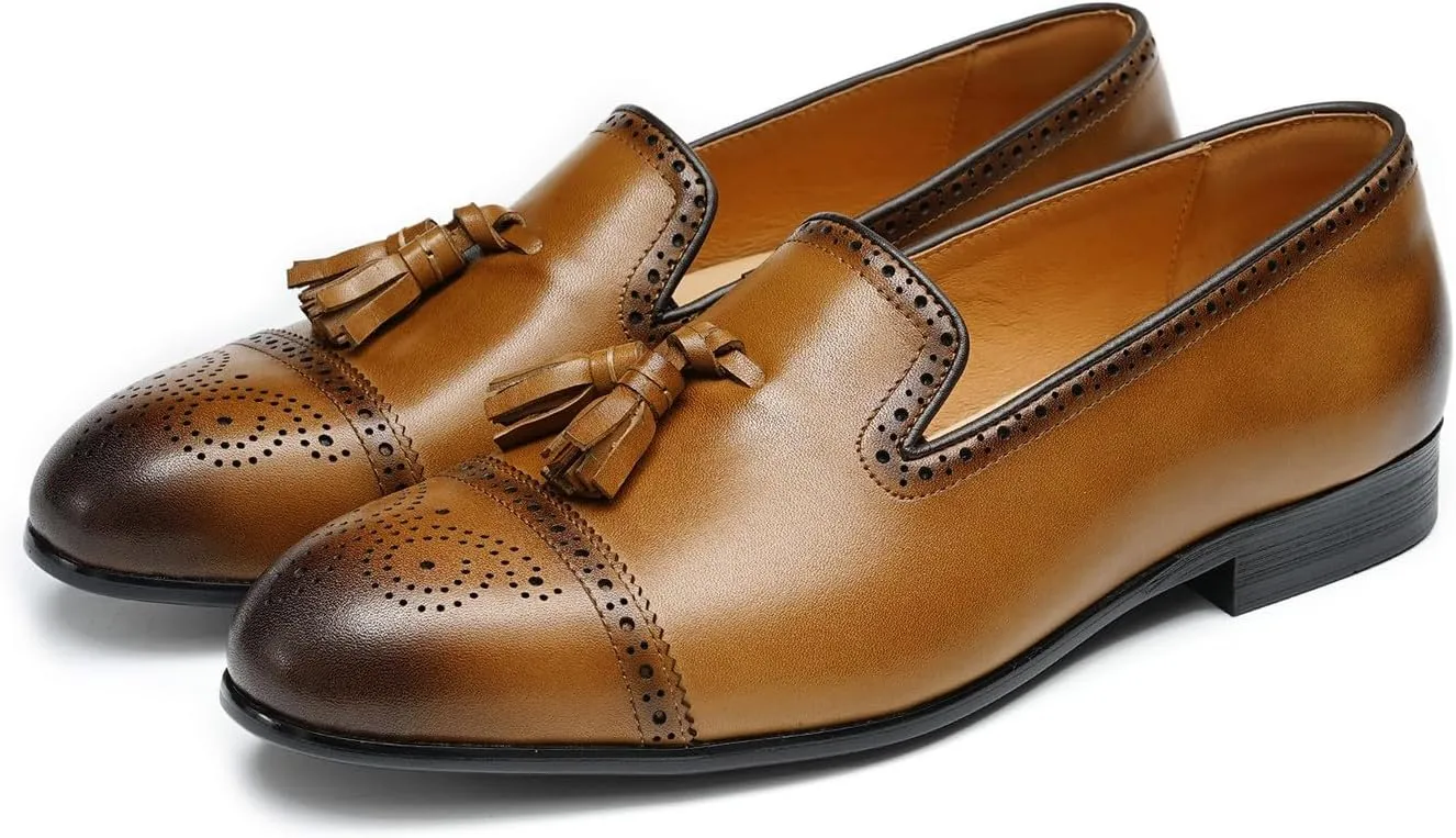 Santimon Men's Genuine Leather Tassel Loafers Slip-On Dress Shoes | Lightweight Penny Loafers for Wedding, Business, Prom & Tuxedo Events