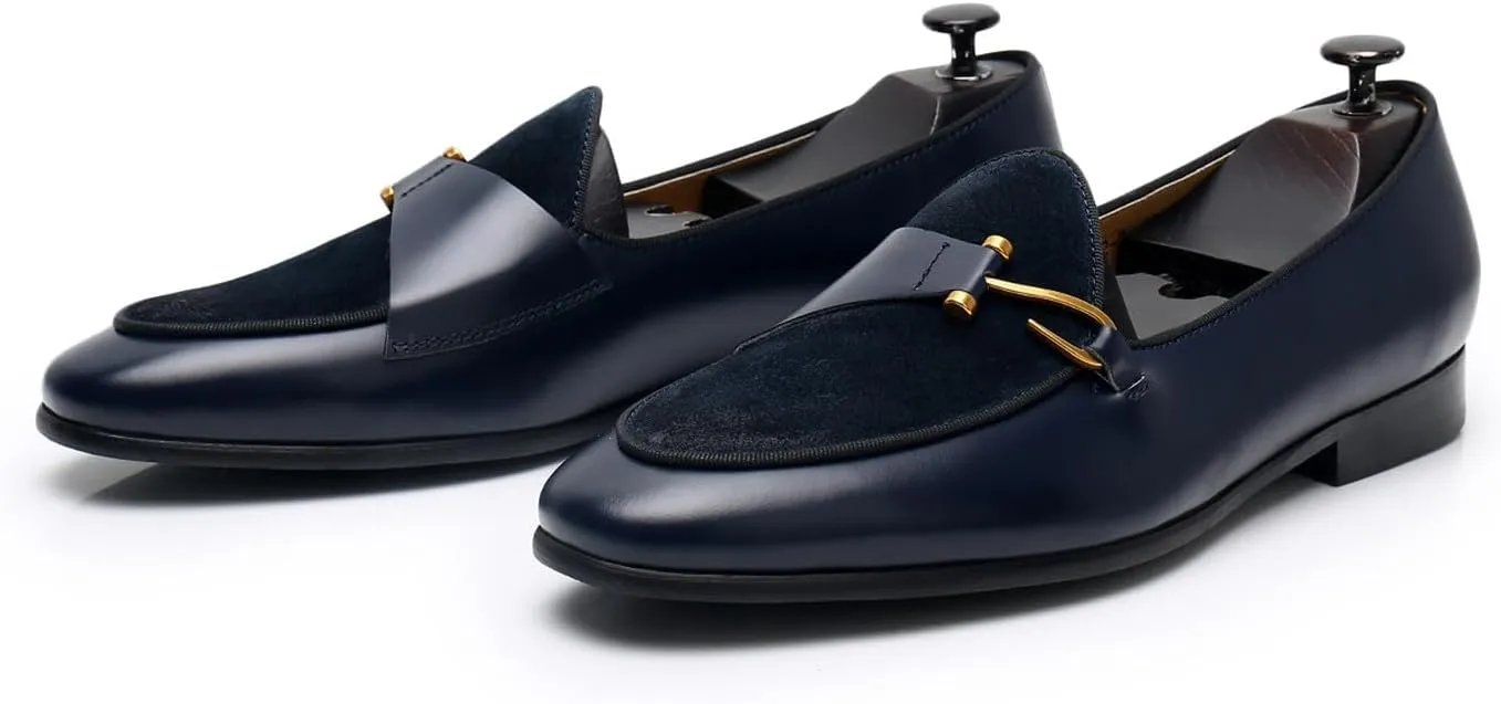 Santimon Men's Premium Leather Loafers, Black Cowhide Upper, Comfort Wedding Business Slip On Formal Dress Shoes