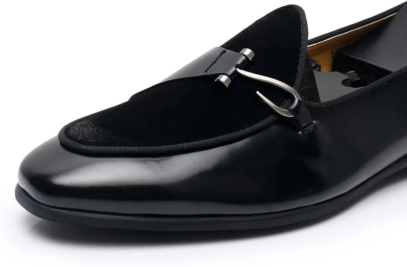 Santimon Men's Premium Leather Loafers, Black Cowhide Upper, Comfort Wedding Business Slip On Formal Dress Shoes