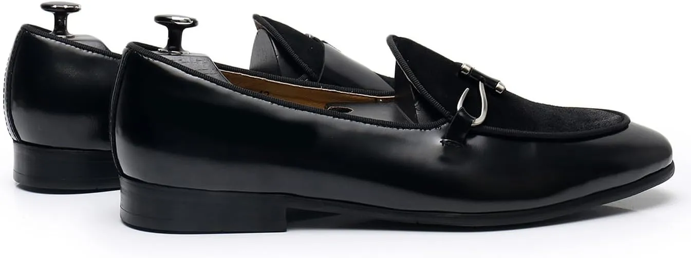 Santimon Men's Premium Leather Loafers, Black Cowhide Upper, Comfort Wedding Business Slip On Formal Dress Shoes