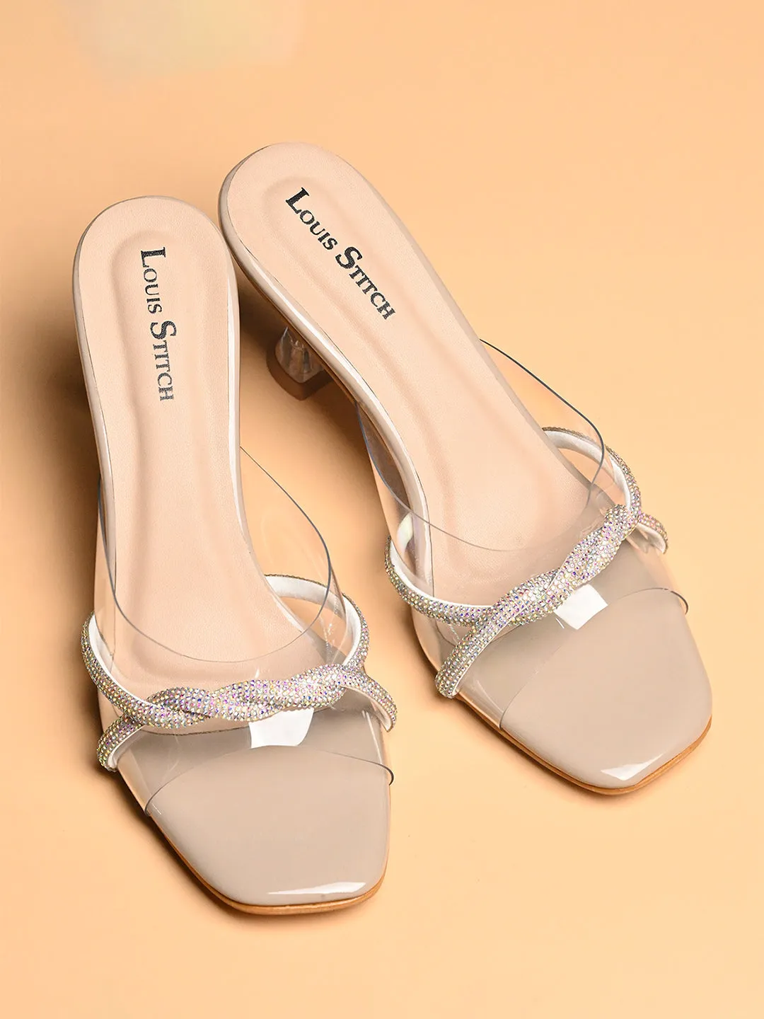 Women's Beige Stilleto Heel Silicon Glitter Strap Mule Sandals