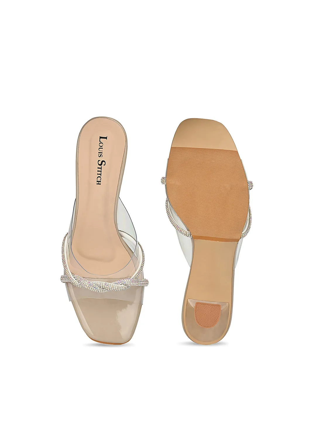 Women's Beige Stilleto Heel Silicon Glitter Strap Mule Sandals