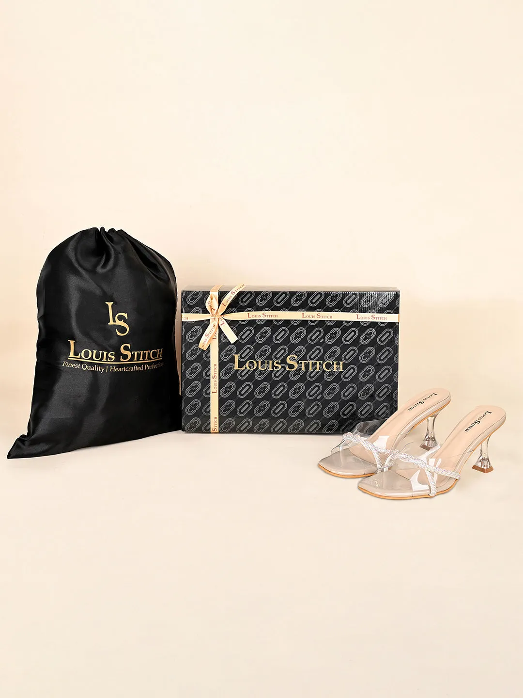 Women's Beige Stilleto Heel Silicon Glitter Strap Mule Sandals