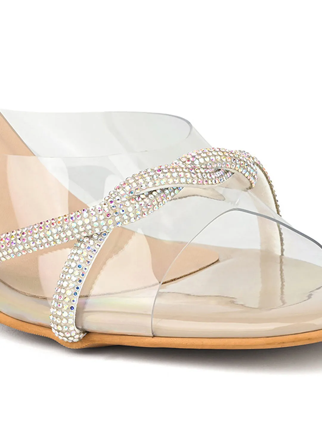 Women's Beige Stilleto Heel Silicon Glitter Strap Mule Sandals