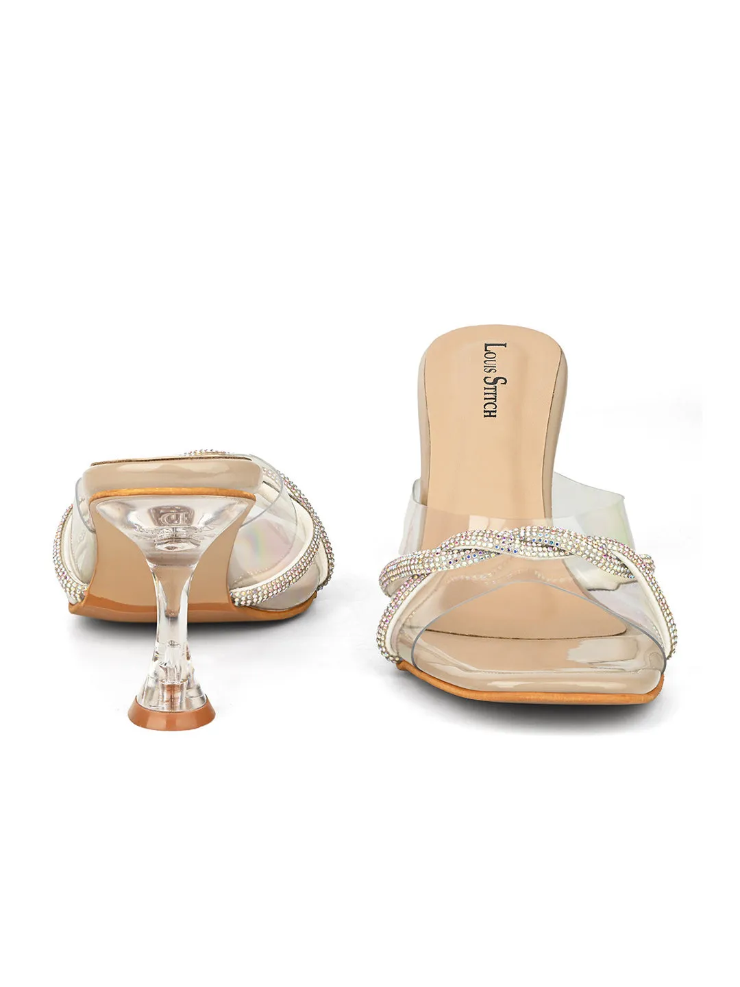 Women's Beige Stilleto Heel Silicon Glitter Strap Mule Sandals