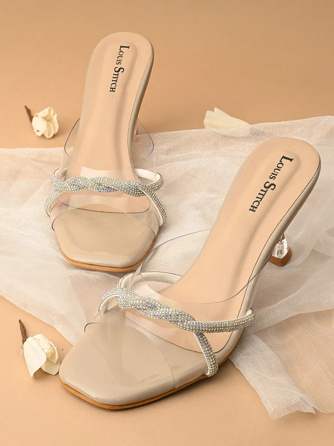 Women's Beige Stilleto Heel Silicon Glitter Strap Mule Sandals
