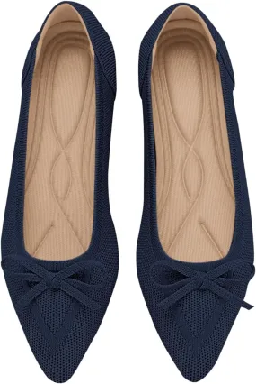 Women's Flats Pointed Toe Bow Knit Ballet Shoes Comfortable Dressy Mesh Slip On Flat