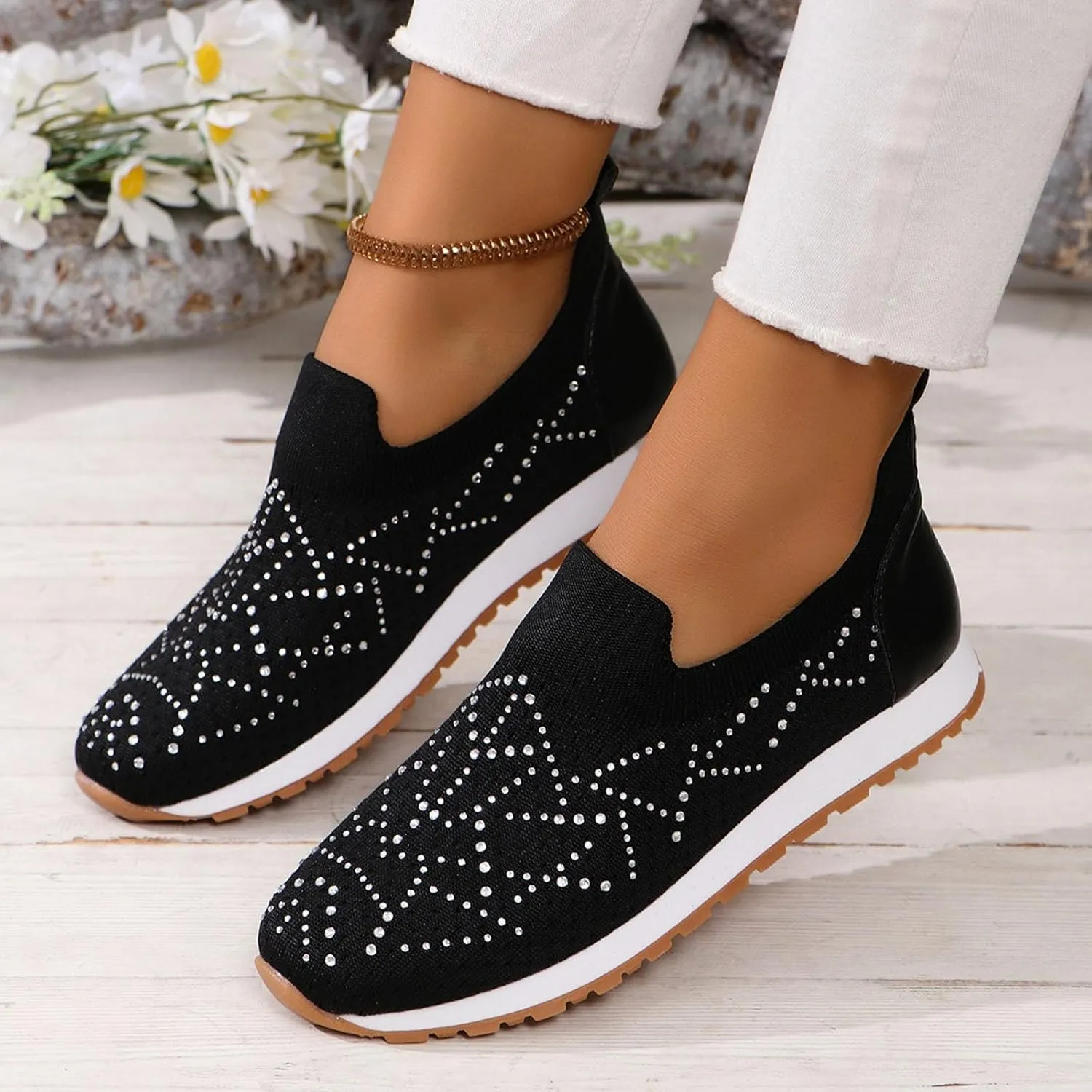 ZSpzx Women's Low-Top Slip Ons Fashion Sneakers Casual Knit Cutout Boat Shoes for Women Comfortable Flats Breathable Padded Insole Slip on Sneaker Ladies Jogging Tennis Footwear for Gym Travel