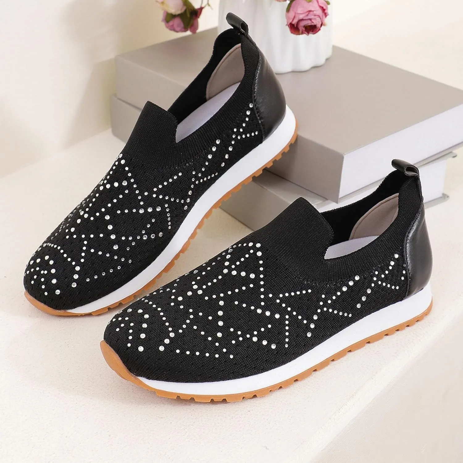 ZSpzx Women's Low-Top Slip Ons Fashion Sneakers Casual Knit Cutout Boat Shoes for Women Comfortable Flats Breathable Padded Insole Slip on Sneaker Ladies Jogging Tennis Footwear for Gym Travel