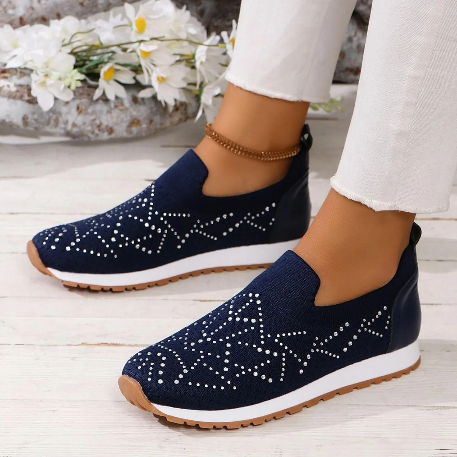 ZSpzx Women's Low-Top Slip Ons Fashion Sneakers Casual Knit Cutout Boat Shoes for Women Comfortable Flats Breathable Padded Insole Slip on Sneaker Ladies Jogging Tennis Footwear for Gym Travel